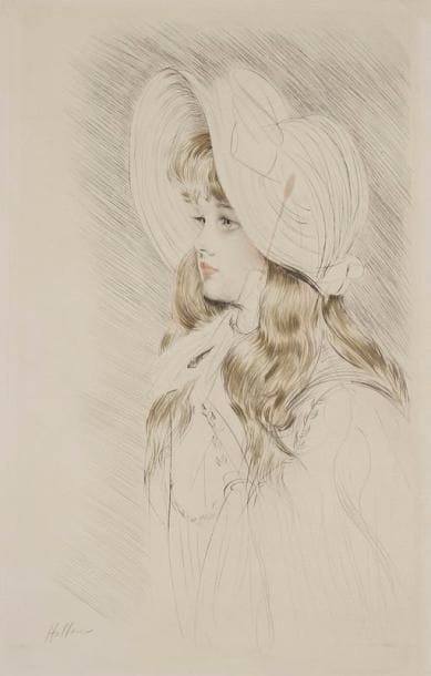 Paul-César HELLEU (1859-1927)
Jeune femme à la Capeline (Ellen Helleu). Vers 1900. Pointe sèche. 337 x 543. Impression en couleurs. Très belle épreuve sur vélin fort, très légèrement oxydée, signée à la mine de plomb. Infimes accidents aux bords du feuillet. Toutes marges