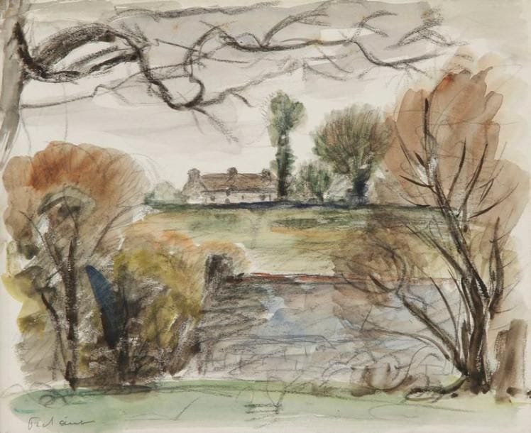 Jean FRÉLAUT (1879-1954)
Paysage avec ferme à l'horizon. Aquarelle, fusain et mine de plomb sur vélin. 270 x 220. Signée en bas à gauche