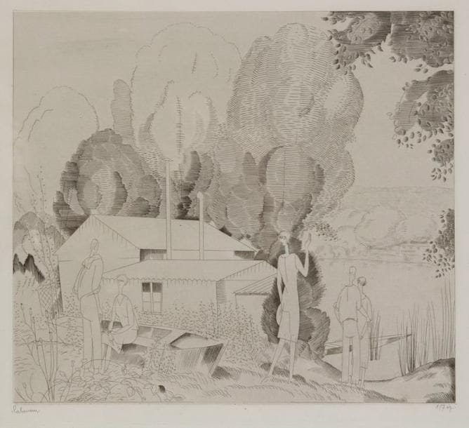 Jean-Emile LABOUREUR (1877-1943)
L'Auberge du bord de l'eau (grande planche). 1925-1926. Burin. 258 x 235. Laboureur 317. Très belle épreuve sur vélin mince, du 1er état (sur 6), avant les tailles sur les personnages de droite, signée et numérotée à la mine de plomb. Marges. Tirage à 7 épreuves de cet état. Tirage total à 116 épreuves. Cadre