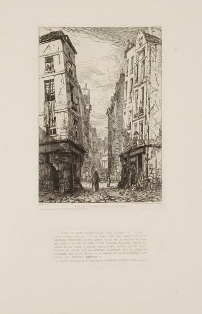 Maxime LALANNE (1827-1886)
Rue des Marmousets (Vieux Paris). 1863. Eau-forte. 180 x 255. Beraldi 1. Très belle épreuve sur vergé fort, avec texte gravé sur lame additionnelle. Toutes marges. Timbre sec: Cadart et Chevalier (Lugt 3270)