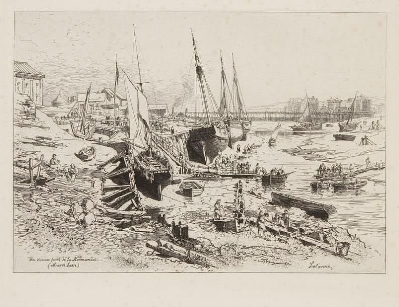 Maxime LALANNE (1827-1886)
Un vieux port de la Normandie (marée basse). 1882. Eau-forte. 385 x 290. Beraldi 114. Très belle épreuve sur vergé. Petites rousseurs claires. Toutes marges