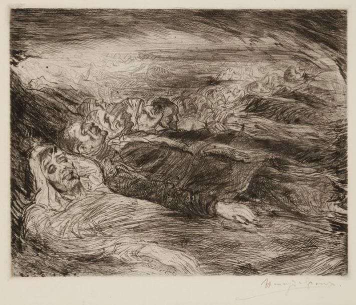 Henry de GROUX (1866-1930)
Sujets de la guerre 1914-1918. Lithographie. Chaque 498 x 648. Très belles épreuves sur vélin et simili-japon, signées et numérotées. Joint: [Cadavres]. Pointe sèche. 295 x 235. Très belle épreuve sur vélin fort, signée à la plume et à l'encre. Toutes marges. Ens. 3 p
