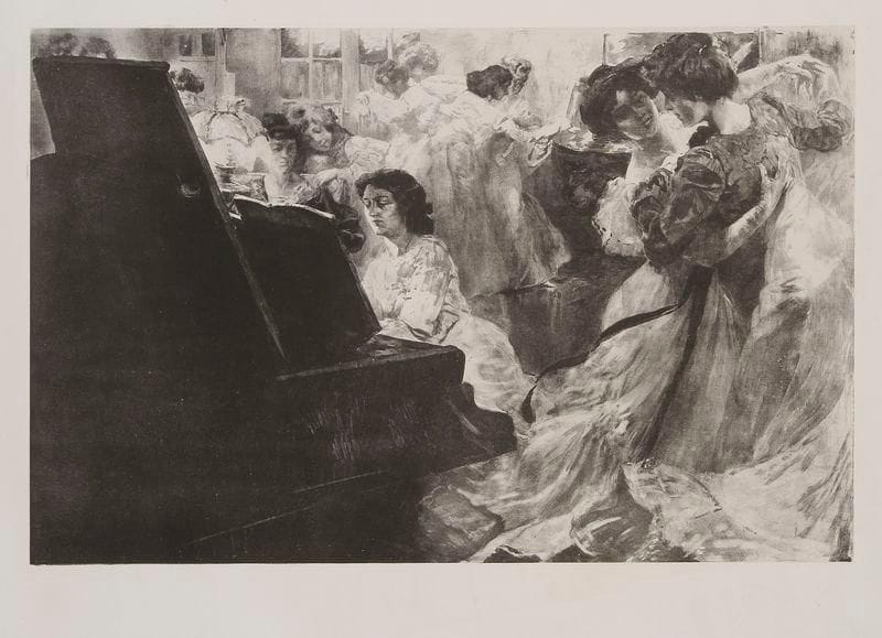 Alexandre LUNOIS (1863-1916)
Jeunes femmes dansant au son du piano. Vers 1896. Lithographie. 540 x 350. I.F.F. non décrit. Très belle épreuve d'essai en noir sur chine appliqué. Traces de plis et une courte déchirure en pied. Grandes marges