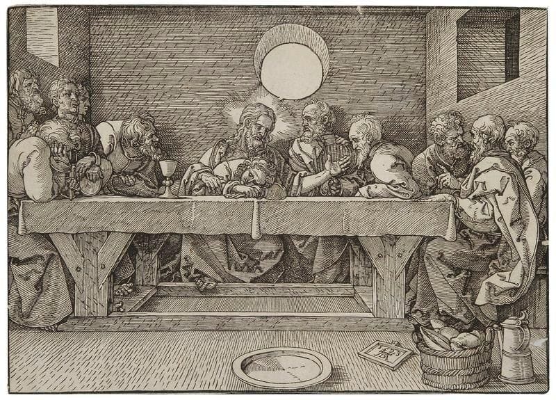 Albrecht Dürer (1471-1528)
La Cène. 1523. Bois gravé. 298 x 213. Bartsch 13; Strauss 199; Meder 184. Belle épreuve rognée au trait carré, d'un tirage légèrement postérieur, avec petites cassures dans le bois. Deux petits trous en bas à droite dans le sujet. Ex-coll. G. Usslaub (Lugt 1221)