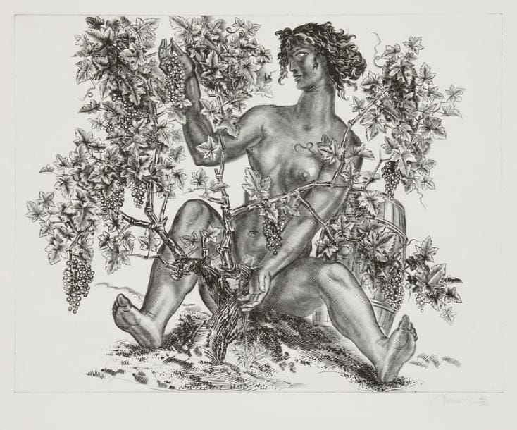 Albert DECARIS (1901-1988)
Femme nue au pied de vigne. Burin. 525 x 405. Parfaite épreuve sur vélin blanc, signée et numérotée à la mine de plomb. Toutes marges. Tirage à 100 épreuves