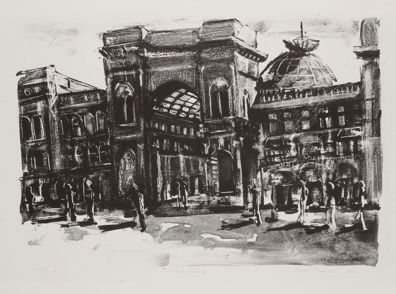 Jeroen Hermkens (hollandais, né en 1960)
Milano, Galleria. 2004. Lithographie. 670 x 445. Parfaite épreuve sur vélin, numérotée, titrée, signée et datée à la mine de plomb. Toutes marges. Tirage à 99 épreuves. Timbre sec: Association Malbodium Museum