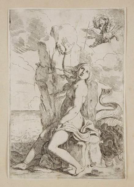 Lorenzo Loli (c.?1612-1691)
Andromède. 1641. Eau-forte d'après J.-A. Sirani. 175 x 255. Bartsch 17. Très belle épreuve. Très claire trace d'oxydation en pied, visible essentiellement au verso. Filets de marges