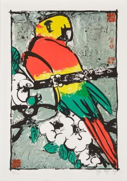 Tong Zhengang (chinois, né en 1959)
Perroquet. 1999. Lithographie. 460 x 665. Impression en couleurs. Parfaite épreuve sur vélin, numérotée et signée à la mine de plomb. Toutes marges. Tirage à 20 épreuves. Timbre sec: Mourlot, Paris