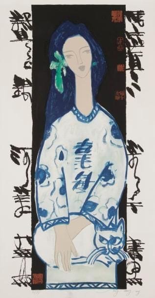 Tong Zhengang (chinois, né en 1959)
Jeune femme au chat. 1999. Lithographie. 460 x 990. Impression en couleurs. Parfaite épreuve sur vélin, numérotée et signée à la mine de plomb. Toutes marges. Tirage à 20 épreuves. Timbre sec: Mourlot, Paris