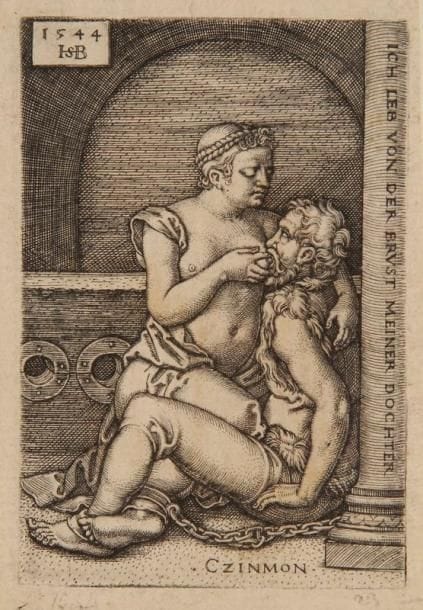 Hans Sebald Beham (1500-1550)
Cimon nourri par sa fille. 1544. Burin (copie d'après Barthel Beham). 48 x 70. Barstch 75. Belle épreuve. Oxydation au verso. Petites marges