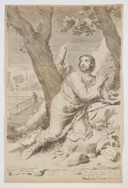Claude MELLAN (1598-1688)
Saint Augustin. 1660. Burin. 283 x 435. Préaud 57. Très belle épreuve du 3e état (sur 4), avec les inscriptions sur la banderole mais avant l'adresse de Bance. Traces de plis. Un point de rouille en tête. Filigrane: chapelet (Gaudriault 300). Marges étroites