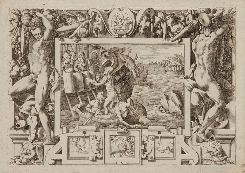 René Boyvin (c.?1525-c.?1590-1598)
Éetez fait recueillir les membres d'Absyrte. Pl. pour Histoire de Jason et de la conquête de la Toison d'or. Gravé d'après L. Thiry. 230 x 160. Robert-Dumesnil 54. Belle épreuve. Fins plis de tirage. Bonnes marges. Joint: Médée poursuivie par Jason s'enfuit dans les airs. Pl. de la même suite. Gravé d'après L. Thiry. 234 x 160. Robert-Dumesnil 64. Belle épreuve rognée à l'intérieur du coup de planche. Traces de colle dans les angles au verso. Ens. 2 p
