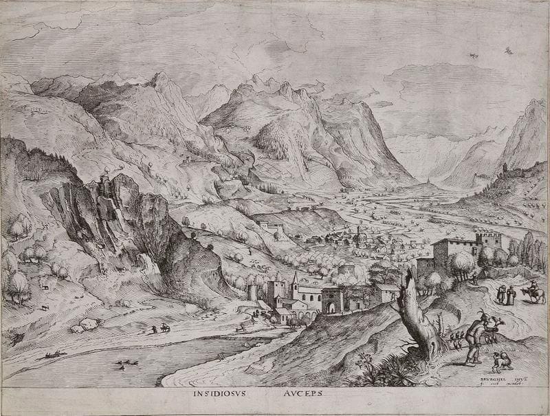 Pieter Bruegel l'Ancien (c.?1525-c.1569) (d'après)
Insidiosus Auceps (L'Oiseleur avisé). Pl. de la suite des Grands Paysages. Vers 1555-1556. Gravé par Joannes et Lucas van Doetecum. 425 x 321. Hollstein 10; Orenstein 27. Belle épreuve avec les traits de mise en place bien visibles dans la tablette, rognée à l'intérieur du coup de planche, soigneusement lavée. Plis et courtes déchirures habilement restaurées aux bords du feuillet