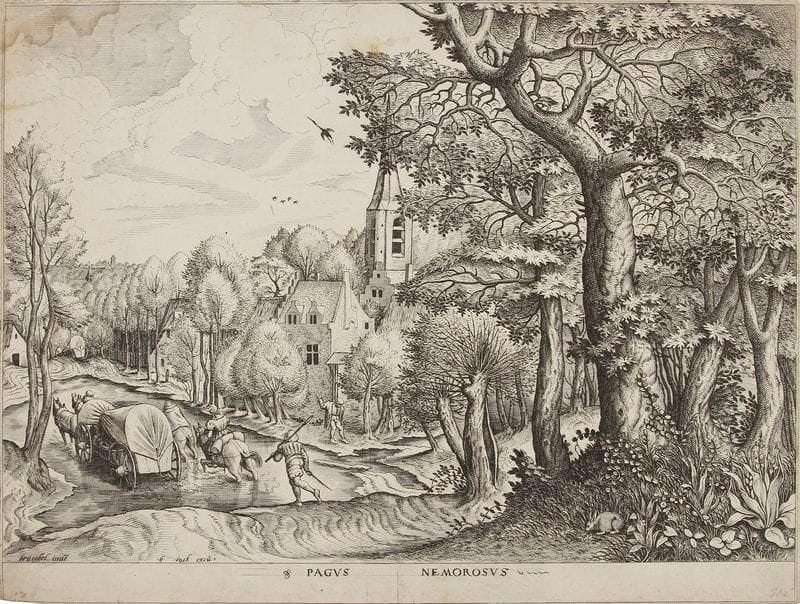 Pieter Bruegel l'Ancien (c.?1525-c.1569) (d'après)
Pagus Nemorosus (Paysage boisé). Pl. de la suite des Grands Paysages. Vers 1555. Gravé par Joannes et Lucas van Doetecum. 425 x 321. Hollstein 16; Orenstein 32. Belle épreuve avec les traits de mise en place bien visibles dans la tablette, rognée sur le coup de planche ou à l'extérieur de celui-ci. Petites auréoles d'humidité et petites taches claires. Traces de plis dont un long pli oblique dans le ciel au bord gauche. Courte déchirure en tête. Restes de colle dans les angles au verso