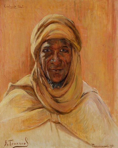 Renée TOURNIOL (1876-1953)
Portrait de Paul Embarek, Père de Foucauld, 1939 Huile sur toile. Signée en bas gauche. Située Tamanrasset et datée en bas à droite. Titrée en haut à gauche. 55 x 45 cm