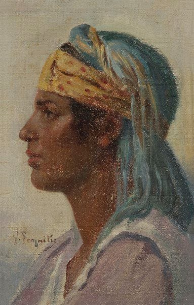 P. LEMAITRE (XIXe-XXe siècle)
Profil de femme oreintale Huile sur toile contrecollée sur carton. Signée en bas à gauche. (Petits manques). 35 x 24 cm