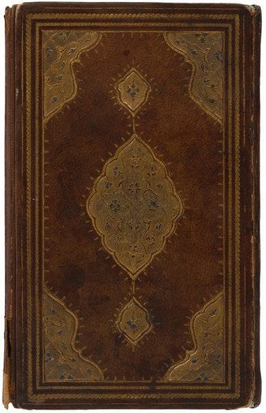 Livre religieux «Nahj al-Balagheh /La Voie de l?Eloquence» de l?Imam ?Ali, Iran, daté 938 H / 1531 et signé Aref ibn Mohammad ibn al-Afsehi Manuscrit sur papier en arabe, de 12 lignes par page, en écriture naskhî, à l?encre noire, dorée, rouge et bleu, et commentaires marginaux à l?encre noire et rouge. Le texte est enluminé de trois frontispices et trois colophons. Le premier et le deuxième frontispice, en unwân, ornés de rinceaux fleuris, présente le texte en réserve sur un fond doré, surmonté d?une frise polylobée à composition symétrique rehaussée de fleurettes sur fond doré. Le troisième, en unwân, à titre en lettres blanches dans une mandorle polylobée à fond doré et fleuri. Il est surmonté également d?une arcature polylobée garnie de rinceaux fleuris. Les trois colophons sont achevés en triangle, le premier porte la date du «mois de Rajab 938 H/1531» et le troisième porte le nom de copiste «Aref ibn Mohammad ibn al-Afsehi» et la date «mois de Ramadan 938 H / 1531». Sur la page de garde, une inscription indique que ce manuscrit a été placé en waqf par «Mohammad Hassan ibn Mohammad Jafar Astarabadi» et daté «1318 H/ 1900». Il porte également le cachet donnant le nom du possesseur. Reliure montée à l?envers en cuir découpé, estampé, doré et bleu à l?intérieur. Mandorle polylobée à appendices et écoinçons tapissés de rinceaux fleuris. Dim.: 18 x 12 cm État: quelques consolidations, petites taches, petites déchirures, usure sur la reliure et le dos.

Nahj al-Balagha / Way of Eloquence by Imam Ali, Iran, dated 938 H/ 1531