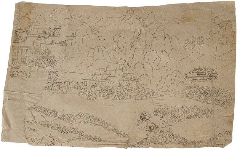 Scène de chasse au lion dans la montagne, Inde du nord, XVIIIe siècle Dessin à l?encre sur papier. Dans un paysage montagneux, près de plusieurs villages, deux hommes chassent un lion, l?un avec un arc, le second avec un épieu. Scènes animées dans l?un des villages; deux figures humaines sont dessinées dans les rochers. Dim.: 39 x 24 cm État: pliures du papier, restaurations sur les côtés.



A scene of hunting a lion in the mountains, North of India, 18th century