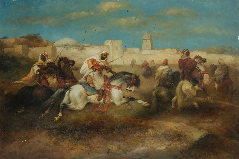 École marocaine du XXe siècle
Fantasia Huile sur toile. Non signée. (Petits manques et taches). 60 x 90 cm