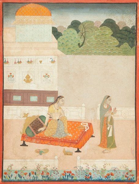 L?Attente, Deccan, XVIIIe siècle Gouache sur page d?album aux marges rouges. Une jeune femme se morfond sur son lit où elle est assise et accoudée sur la terrasse d?un pavillon, face à un parterre fleuri. Sa suivante qui tient un mouchoir, arrête de sa main un visiteur invisible. Dim.: 31 x 23 cm État: petites usures et taches.


The waiting, Deccan, 18th century