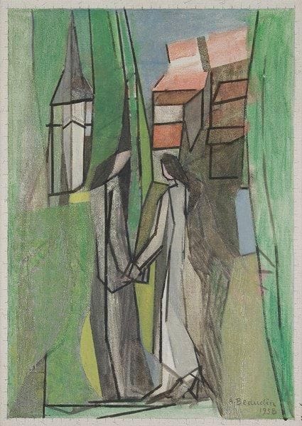 André BEAUDIN (1895-1979)

La Promenade, 1958
Huile sur toile.
Signée et datée en bas à droite.
46 x 33 cm

Provenance: 
- Galerie Louise Leiris, Paris, numéro 08251. 
- Ancienne collection Madeleine Gabail.

Exposition: 
- Étiquette d'exposition «Beaudin», n°138. 
- Rétrospective, Galeries Nationale du Grand Palais, Paris, 1970, n°80.

Bibliographie: 
Oeuvre en rapport: Patrick-Gilles Persin, André Beaudin, Art inprogress éditions et Éditions Louise Leiris, Paris, 2007, page 200.

Peinture composée au sein du suite autour de Sylvie de Gérard de Nerval.
