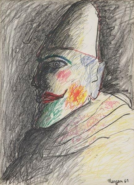 Pinchas Burstein dit MARYAN [polonais] (1927-1977)

Pierrot, 1961
Dessin au crayon de couleurs gras.
Signé et daté en bas à droite.
75 x 55 cm
