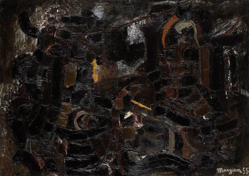 Pinchas Burstein dit MARYAN [polonais] (1927-1977)

Deux personnages buvant, 1955
Huile sur toile.
Signée et datée en bas à droite.
65 x 92 cm
