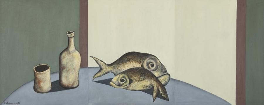 Bahman MOHASSES [iranien](1931-2010)

Nature morte aux poissons, pot et bouteille, 1973
Huile sur toile en triptyque.
Signée et datée en bas à gauche.
46 x 115 cm (46 x 38 cm chaque)

Provenance:
Collection de monsieur Francesco B., Italie.
