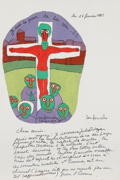 Jean-Joseph SANFOURCHE (1929-2010)

Je suis la pain de la vie. J.C., 1970
Lettre avec dessin à la gouache.
Signée, datée et située Solignac en bas du dessin.
24 x 16 cm

Provenance: 
Collection Odette Dadoun, Paris