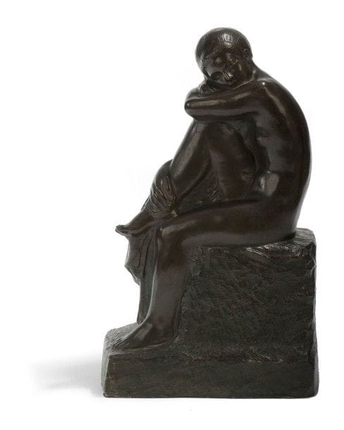 Fernand DAVID (1872-1927)

Jeune femme pensive, circa 1920
Bronze à patine brun-vert.
Épreuve d’édition ancienne.
Signé F. DAVID sur l’arrière du rocher.
Hauteur : 48 cm