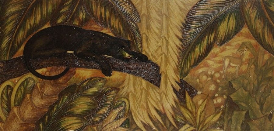 TRAVAIL des ANNÉES 1930/40

Panthère noire à l’affût
Huile sur enduit travaillé en relief et appliqué sur panneau.
Éclats en bordure.
73,5 x 158 cm