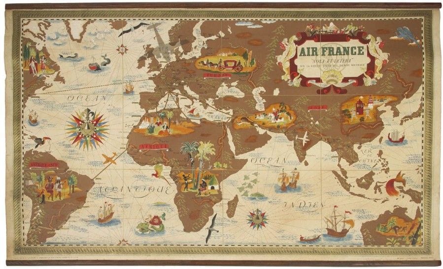 Lucien BOUCHER (1889-1971)

Air France, Nova et Tovera, Sur la vieille terre des chemins nouveaux, 1939
Planisphère avec réseaux aériens.
Lithographie en couleurs.
Complet de ses baguettes bois, une en partie décollée.
Trous de ver, empoussièrements et jaunissements.
Perceval Paris imprimeur.
Signé Lucien BOUCHER, en bas à gauche dans la planche, marquée Il a été tiré de ce planisphère 150 exemplaires sur vélin d’Arches numérotés de 1 à 150 en bas à gauche dans la marge et PERCEVAL Paris en bas à droite dans la marge.
62 x 99,5 cm