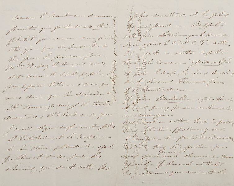 Pauline viardot (1821-1910) cantatrice
L.A.S. «Pauline Garcia», Londres 21 mai 1839, à la cantatrice Célestine Nathan (1815-1873); 4 pages in-8. Belle lettre sur ses débuts à Londres.{CR} Elle n'a pu lui écrire avant, trop «absorbée par le travail». Elle a débuté dans l'Otello de Rossini : «Dieu merci le jour d'angoisse est passé, et heureusement passé. [...] J'ai été reçue par le public comme le serait une ancienne favorite qui fait sa rentrée plutôt que comme une jeune étrangère qui se présente à lui pour la première fois». Mme Duprez lui aura probablement déjà dit comment s'est passée cette première représentation : «Moi je vous dirai que la seconde a été beaucoup mieux de toutes manières; d'abord en ce que j'avais déjà infiniment plus d'habitude et de confiance de la scène, et ensuite que le public était composé des abonnés, qui sont certes les plus amateurs et les plus connaisseurs»... Il y a eu des rappels après les 2e et 3e actes; elle a notamment dû refaire toute la romance Assisa al pie, «et pour le coup les bons Anglais sont devenus Français pour l'enthousiasme». Elle va jouer Cendrillon après-demain... Elle demande à son amie si elle a pu de son côté débuter à Paris : «Que je serais heureuse d'être témoin de vos triomphes !»