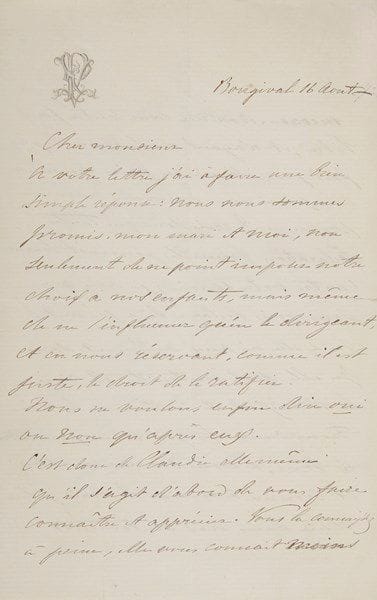 Pauline VIARDOT
36 L.A.S. ou L.A., 1873-1909 et s.d., à sa fille Claudie et à son gendre Georges Chamerot; environ 105 pages formats divers (une incomplète), certaines sur papier à son chiffre, 3 enveloppes; quelques Lettres en espagnol. Charmante correspondance familiale, adressée à son «petit Didichon» ou sa «Didie», notamment lors de ses séjours en Suisse à la montagne : elle y raconte alors les bienfaits du calme et la paix intérieure qu'elle y trouve, ses promenades, ses lectures, commente les pièces de théâtre et concerts auxquels elle assiste presque quotidiennement... Claudie Viardot (1852-1914) a épousé en 1874 l'éditeur et imprimeur Georges Chamerot (1845-1922).{CR} Bougival 16 août 1873. Lettre écrite avant le mariage du couple [mars 1874], en réponse à la demande de Georges : «Nous nous sommes promis, mon mari et moi, non seulement de ne point imposer notre choix à nos enfants, mais même de ne l'influencer qu'en le dirigeant, et en nous réservant, comme il est juste, le droit de le ratifier. C'est donc de Claudie elle-même qu'il s'agit d'abord de vous faire connaître et apprécier. Vous la connaissez à peine, elle vous connaît moins encore, avec un coeur tout à fait libre, et n'ayant vu le monde que fort peu, elle n'a pu faire aucune comparaison, accorder aucune préférence. Je crois donc que toute déclaration formelle pourrait tourner contre votre espoir»... Elle lui conseille de poursuivre des relations amicales et de laisser évoluer les sentiments...{CR} Sceaux 8 août [1897 ?]. Elle aimerait être à Baden avec eux, revoir l'emplacement de leur ancienne maison; la Musikhalle existe-t-elle toujours ? Elle a entendu dire que le théâtre était devenu «une espèce de boui-boui. La villa de Tourgli [Tourgueniev] doit être encore là»...{CR} Séjour en Suisse, à Vallorbe puis Montreux, août-septembre 1897. 21 août. Elle évoque «la verte prairie qui s'étend devant l'hôtel», et une soirée animée par E. Caston, musicien-improvisateur, qui «jouait l'alto au Th. Lyrique quand j'ai chan