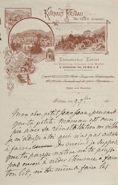 Pauline VIARDOT
L.A.S. «PV», Fridau 9 septembre [1900], à son arrière-petit-fils Jean Omer-Decugis; 4 pages in-8 à en-tête et vignette illustrée du Kurhaus Fridau. Charmante lettre de l'arrière-grand-mère à son «cher petit Jeanjean» (né le 14 avril 1900). Elle s'adresse à lui sachant sa maman trop occupée, le chargeant de «distribuer tes plus jolis sourires». Elle évoque les enfants turbulents qui jouent autour d'elle... «Dis à ta maman que l'on danse ici tous les soirs après avoir joué à la pincette, au mouchoir passé en rond, à l'objet caché, etc. etc. tous jeux que tu connaîtras bientôt». Avec sa nourrice Clémence, il a peut-être fait la connaissance «de quelque joli pioupiou» aux Tuileries. «Tes petit papa et petite maman te font-ils de la miousic le soir ? [...] Les petites quenottes commencent-elles à poindre ? As-tu un petit anneau d'ivoire à promener entre tes petites gencives ? [...] Je t'embrasse avec mon bec de plume tout doucement pour ne pas te faire de mal»...{CR} On joint une L.A.S. à sa petite-fille Jeanne Chamerot, Mme Henri Omer-Decugis, 13 juillet 1899 (4 pages in-12)