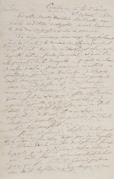 Louis VIARDOT (1800-1883)
1 L.S. et 4 L.A.S., 1850-1879, à son épouse Pauline Viardot; 18 pages in-8 (la première incomplète de la fin). Belle et intéressante correspondance à sa femme, notamment sur la genèse de Sapho de Gounod.{CR} Courtavenel 2 août 1850 [Pauline est à Londres]. Il lui donne ses impressions suite à sa première écoute de Sapho, que Gounod vient de composer à sa demande sur un livret d'Émile Augier, et dont il fait un long commentaire : la «charmante» romance de Glycère, des choeurs excellents, le début du second acte «gai, drôle, franc»... «Puis Le duo de Sapho et Glycère, scène qui peut et doit être de grand pathétique. Ici une observation : ce duo, presque dans son entier, est seulement de la déclamation, un récitatif rythmé et accompagné, où l'on doit entendre les mots, et chaque mot d'un dialogue serré, nerveux»... Viardot y a souligné «deux défauts : manque de proportion entre la 1ère et la seconde partie du duo, amoindrissement de la partie de Sapho», et Gounod a remanié la scène et «fait dire la cabalette d'abord par Sapho seule, puis par les deux ensemble. Ce sera beaucoup mieux». Il est un peu déçu par le second tableau, mais attend une seconde écoute... «le chant du pâtre est un bijou, un diamant. [...] Le chant de désespoir de Sapho doit être d'un grand et terrible effet - je crois du moins que tu le feras ainsi - mais il avait un grand défaut si je ne m'abuse : c'était de finir dans le même sentiment de désespoir insensé et furieux»; et il explique comment il a fait remanier cette fin par Gounod : «Ce sera plus juste, et plus beau»... La seconde écoute, à nouveau commentée, a renforcé sa très bonne impression... Etc.{CR} Bade 12 décembre 1865. Il attend le retour de Pauline [de Berlin]. Il la félicite, «parmi ses autres adorateurs», pour sa prestation lors de la soirée chez le peintre Pietsch : «Tu étais en voix, bien portante, gaie, animée, fêtée. Qu'y a-t-il au monde qui puisse plus me satisfaire et m'enchanter ? Le bon accueil de la bonne vieille reine m'enc
