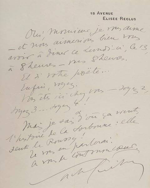 Sacha GUITRY
L.A.S. et 2 L.S., 1949-1950, à un ami; 2 pages in-4 et 1 page in-8, 2 à son adresse 18, Avenue Élisée-Reclus. «Oui, Monsieur, je vous aime - et nous aimerions vous avoir à diner [...] Et si votre poëte... Enfin, voyez. Vous êtes ici chez vous - soyez 2, soyez 3... soyez 4 !» Il sait d'où vient cette histoire de la Sorbonne : «elle sent le Roussy !»...{CR} 8 juin 1949. Il va assigner devant le Tribunal civil le journal L'Époque, qui refuse de lui payer ce qu'il lui doit... 1er novembre 1950. «Après deux années de réclamations vaines et de poursuites engagées devant les Tribunaux contre le journal L'Époque», ses avocats lui ont conseillé d'accepter «l'offre pour ainsi dire bénévole de la nouvelle rédaction»