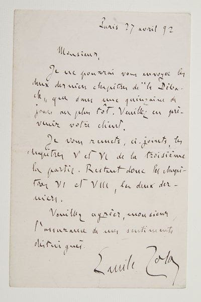 Emile zola (1840-1902)
L.A.S, Paris 27 avril 1892, à un agent littéraire; 1 page in-8. Fin de la rédaction de La Débâcle.{CR} Il ne pourra lui envoyer «les deux derniers chapitres de La Débâcle que dans une quinzaine de jours et le prie d'en avertir son client : «Je vous remets, ci-joints, les chapitres V et VI de la troisième partie. Restent donc les chapitres VI et VIII, les deux derniers»