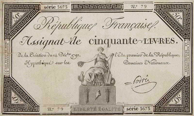 ASSIGNATS. 7 assignats. Assignats de 10 livres (1792), 50 livres (1792), 10 sous et 50 sols (1793), 125 livres (an II), 100 francs (an III), et promesse de mandat territorial de 25 francs (an IV).{CR} On joint 13 gravures sur la Révolution, dont des scènes par Raffet et Ary Scheffer