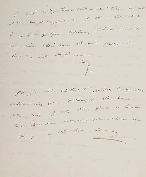 Louis BONAPARTE (1778-1848) frère de Napoléon, roi de Hollande, et père de Napoléon III
L.A.S., [juin ? 1809], à son oncle le cardinal Fesch]; 2 pages in-4. Il a été fâché, car dès que sa mère a eu des raisons pour ne pas venir, il était inutile de dire qu'elle était malade. «Je vais vous dire ainsi qu'à elle ce que je pense et la situation ou je me trouve, elle décidera. Ma santé générale est meilleure. Mais je n'ai presque plus de force à la seule main qui me reste. Dans cette situation l'hiver prochain il est très probable que je n'aurai plus l'usage d'aucune de mes mains, je voudrais donc pour dernier essai des eaux aller à Aix la Chapelle pendant 2 ou trois semaines, mais dans ces circonstances, je ne puis y aller qu'incognito et [...] qu'autant que je serai sûr d'y trouver maman»... Il est «tourmenté par toutes les nouvelles extraordinaires qu'on débite», et «bien faché de la mort du Duc de Montebello [Lannes]»