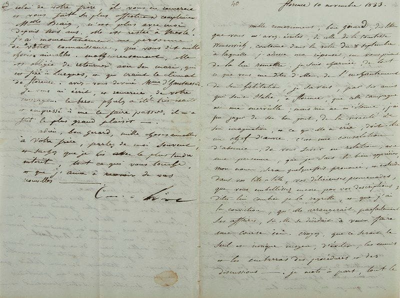 Caroline BONAPARTE MURAT (1782-1839) soeur de Napoléon, épouse de Murat, Reine de Naples
2 L.S. «Caroline», 1830-1833, au chevalier Joseph de Girard à Varsovie; 7 pages in-8, une adresse avec marques postales et cachet de cire noire. Trieste 12 mai 1830. Elle partage son chagrin et lui propose de venir chez elle à Trieste pour se distraire: «Il est si cruel de perdre ce qu'on aime, et je vous plains de toute mon âme»... La santé de sa mère lui a causé beaucoup d'inquiétude ces derniers temps mais elle est désormais hors de danger... Il est question de «l'affaire de Frohsdorf», qui touche à sa fin : «J'attends de jour en jour la nouvelle de la remise de la seigneurie, toutes les difficultés sont tranchées, et je suis tranquille de ce côté-là»... Elle reprend sa lettre le 18 et annonce qu'elle se rend à Rome voir sa mère : «Lors du malheureux accident qui lui était arrivé j'avais demandé à l'Autriche des passeports, à ma grande surprise je les reçois, et je pars après-demain jugez de mon agitation, de ma joie»...{CR} Florence 10 novembre 1833. Elle est heureuse des nouvelles qu'il lui a données de leur amie commune, la comtesse polonaise Wonsowich : «Je suis rassurée de tout ce que vous me dites d'elle, de l'enchantement de son habitation [...] j'ai pu juger de son bon goût, de la vivacité de son imagination et ce qu'elle a créé doit être un chef d'oeuvre. C'est une consolation d'absence de vous savoir en relation avec une personne que je sais si bien apprécier»... Elle évoque ensuite le succès de son père [le célèbre inventeur Philippe de Girard] et s'en réjouit : «Je le félicite de son existence assurée et voudrais que sa santé résistât à ses fatigues, au climat»... Quant à elle, sa santé est chancelante : «Je suis attaquée au foie, mes crises me prennent souvent, et me laissent peu de repos. [...] Florence, son beau ciel, ce lung'arno, que j'aime tant, la société charmante pour moi, qui me fête, qui me soigne, aurait tant de charmes, si ma santé me permettait de me livrer à tous ses attraits»... Son frère Jérôme, prince de Montfort, son épouse et leurs