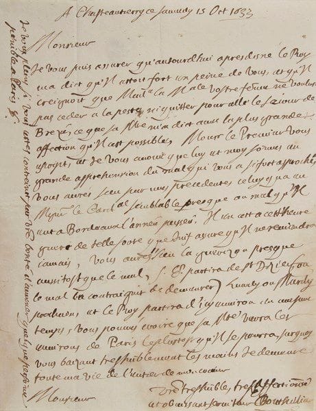 Claude bouthillier (1581-1652) avocat et homme d'État
L.A.S., Château-Thierry 15 octobre 1633, au maréchal de Brézé; 1 page in-4, adresse avec petits sceaux de cire rouge à ses armes sur lacs de soie rose (lég. mouill.; portrait gravé joint). «Je vous puis assurer qu'aujourd'hui apres disné le Roy m'a dict qu'il estoit fort en peine de vous, et qu'il creignoit que Made la Male vostre femme ne voulust pas ceder à la peste ni quitter pour allé le sejour de Brézé, ce que Sa Mté m'a dict avec la plus grande affection qu'il est possible. Monsr le Premier vous escript, et je vous avoue que luy et moy sommes en grande apprehension du mal qui vous a si fort approché, vous aurés sceu par mes precedentes celuy qu'a eu Mgr le Cardal [Richelieu] semblable presque au mal qu'il eut à Bordeaux l'année passée. Il en est à cette heure gueri de telle sorte que suis assuré qu'il ne reviendra jamais, vous aurés sceu la guerizon presque aussitost que le mal. S.E. partira de St Dizier (où le mal la contraignit de demeurer) Lundi ou Mardy prochains et le Roy partira d'icy environ en mesme temps, vous pouvés croire que Sa Mté verra les environs de Paris le plustost qu'il se pourra»
