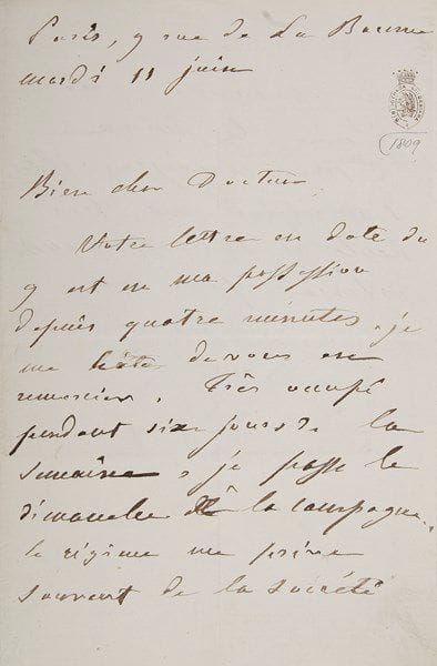 Nicolas CHANGARNIER (1793-1877) général et homme politique
L.A.S., Paris 11 juin [1872], au Dr Thinut à Fontainebleau; 1 page et demie in-8, enveloppe (cachet de la collection Crawford). «Très occupé pendant six jours de la semaine, je passe le dimanche à la campagne. Ce régime me prive souvent de la société des personnes que j'aime le mieux»... On joint une L.S., 1er décembre 1848, au Président de la Commission des Récompenses, à en-tête des Gardes Nationales du Dépt de la Seine, en faveur d'une infirmière «attachée à l'ambulance de l'Hôtel de Ville, pendant les funestes journées de juin dernier»