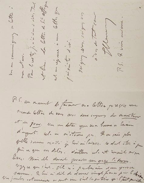 Georges CLEMENCEAU (1841-1929) homme politique
L.A.S., Carlsbad 30 août 1896, [à son secrétaire Étienne Winter]; 3 pages in-8. Il est heureux d'apprendre qu'il se porte un peu mieux : «Vous ne pouvez vous passer le luxe d'aucune imprudence. Donc, attention»... Il le prie de bien vouloir envoyer un mot de sa part à Troubat... Lui-même se porte mieux. Il s'inquiète de sa bonne qui manque d'argent : «Elle n'a pas besoin d'une grosse somme. Je lui ai dit de donner vingt francs pour le chien. Vos jambes cotonneuses ne sont rien. C'est la poitrine qu'il faut surveiller»