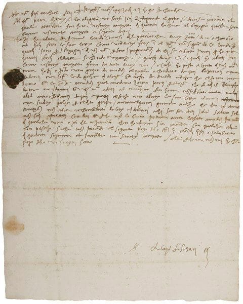 CRÈTE
L.S. par «L. Cap. Foscari», Candia 23 octobre 1493, au seigneur Michele Foscari à Venise; 1 page in-fol., adresse, sceau sous papier; en italien. Lettre d'affaires évoquant le départ imminent du gripo [petit bateau rapide], et la réception de ducats à changer. Suit la description d'un gripo merveilleusement agencé