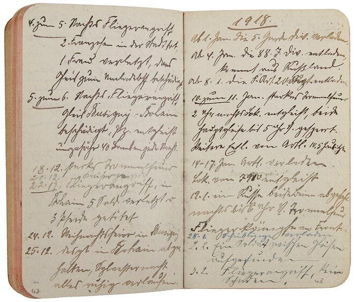 Guerre de 1914-1918. Carnet manuscrit d'un soldat allemand, [1914-1918]; carnet de 62 pages in-12 (plus ff. blancs), couv. cart., cachet du papetier Louis Guthmann Düsseldorf; en allemand. Journal de bord d'un Allemand depuis le début jusqu'à la fin de la Guerre; la dernière entrée, datée du 10 mai 1918, marque son retour auprès de son Elsebeth. L'auteur a noté les noms des régiments auxquels il a appartenu, et a dressé une liste des villes où il a servi : en Belgique - Chatelineau, Grand-Halleux, Trois-Ponts, Wondelgem, Bouchante -, et dans les départements de l'Aisne, des Ardennes et la Somme : Guignicourt, Hirson, La Capelle, Clairfontaine, Chailvet, Landricourt, Coucy-le-Château, Coucy-lès-Eppes, Bergnicourt, Foreste, Ham, Flavy-le-Martel, Bohain, Hattencourt, Roye, etc