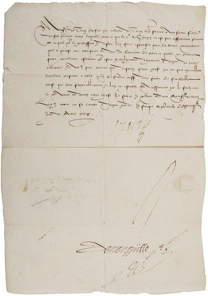 HENRI III (1551-1589) Roi de France. L.S., Paris 13 mars 1578, au Baron de Trecy; contresignée par Nicolas de Neufville; 1 page in-fol., adresse. Au sujet de la fille que Mme de Trecy a eue de son premier mari, «laquelle, pour ce que le Sr de Changy en est fort affectionné serviteur auquel pour le gratiffier je desire luy faire espouser pour la bonne nourriture quil a prinse avec mon frere le duc de Lorraine et pour ce quelle ne pourroit faire meilleure eslection pour estre gentilhomme dhonneur et digne de telle alliance, Je vous prie autant que desirez faire chose qui me soit agreable voulloir consentir a cella et la persuader aussi den faire de semblables»