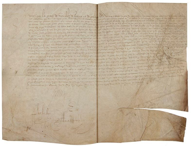 HENRI III. P.S., Fontainebleau 31 mai 1582; contresignée par Brulart; vélin in-plano (un peu sali sur un bord). En faveur de Guillaume de Grantrye [Grandrye], ancien ambassadeur «pres des Srs des Ligues grises» [Grisons], à qui les comptes avaient supprimé «une partye de cinq cens escuz»; le Roi ordonne que cette partie soit rétablie, et que lui soient payées les dépenses qu'il a faites pendant ses fonctions d'ambassadeur
