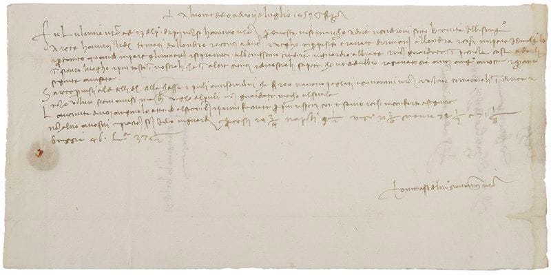 ITALIE
2 L.A.S. par Tommaso P..., Florence 3 juin 1458 et 7 juillet 1459, à Giovanni et Agnolo Baldesi à Venise; 1 page obl. in-8, adresses avec un petit sceau sous papier, marques de port payé; en italien. Lettres commerciales aux fameux banquiers d'origine florentine, à propos de la physionomie du marché, les cours de Venise, les dispositions des commerçants florentins, puis l'état des affaires à Londres, avec indication du cours des Bourses