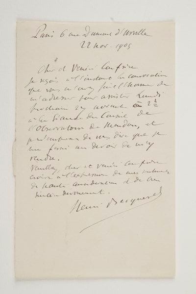 Savants. 33 L.A.S., 2 L.S. et 2 P.A., la plupart à Jules Janssen, 1869-1908. Émile Alglave (félicitations sur l'élection de Janssen à l'Académie des sciences), Henri Becquerel (2, 1895-1905, dont une pour une séance du conseil de l'Observatoire de Meudon), Charles-Édouard Brown-Séquard (Brighton 1889, à propos des «effets dynamogéniques» de certaines injections), Alfred Cornu (3, 1891-1901, sur la préparation de l'Annuaire du Bureau des Longitudes : carte des perturbations magnétiques aux environs de Paris, tables barométriques, son éventuelle candidature au poste de Secrétaire perpétuel, etc.), Joseph Decaisne (engageant Janssen à présenter ses dernières découvertes à l'Académie, pour déjouer ceux qui «agissent très activement», et qu'il considère comme «très dangereux»), Jean-Baptiste Dumas (3), Léonce Élie de Beaumont (1872, priant Janssen de désigner le lieu où il a passé la nuit du 4 au 5 février 1872, «et où l'aurore polaire n'a pas été remarquée»), Hervé Faye (4, plus une de Madame), Eugène Follin (remarques sur l'hygiène des hôpitaux), Alfred Grandidier (2, 1897-1908), Albert Hénocque (1894, évoquant les découvertes de Janssen sur la distinction des raies telluriques dans les spectres), Jules Janssen (2, dont notes sur une «discussion» scientifique), Ernest de Jonquières (1893, recommandant le commandant Émile Guyou, candidat à la section de géographie et navigation), Urbain Le Verrier (2, 1874-1876), Achille Müntz (2, 1894-1899, dont une énumérant «quelques études à faire à la station du Mont Blanc»), Charles Richet (5, relatives à sa candidature à l'Académie et aux contributions de Janssen à la Revue scientifique), Charles Sainte-Claire Deville (4, 1869-1876)